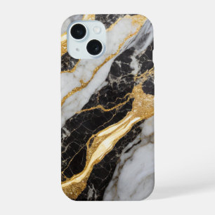 Black and White Marble Pattern with Gold iPhone 15 Case