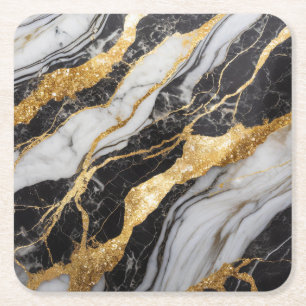 Black and White Marble Pattern with Gold Square Paper Coaster