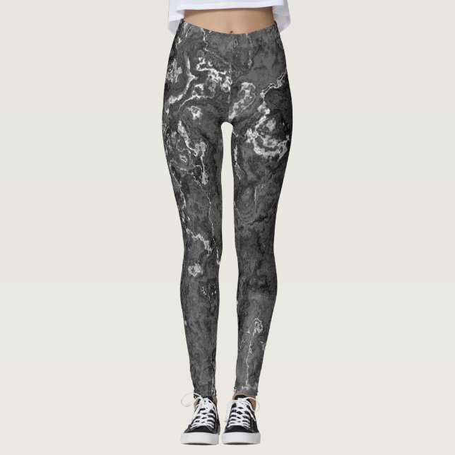 Black and White Marble Swirl Abstract Leggings (Front)