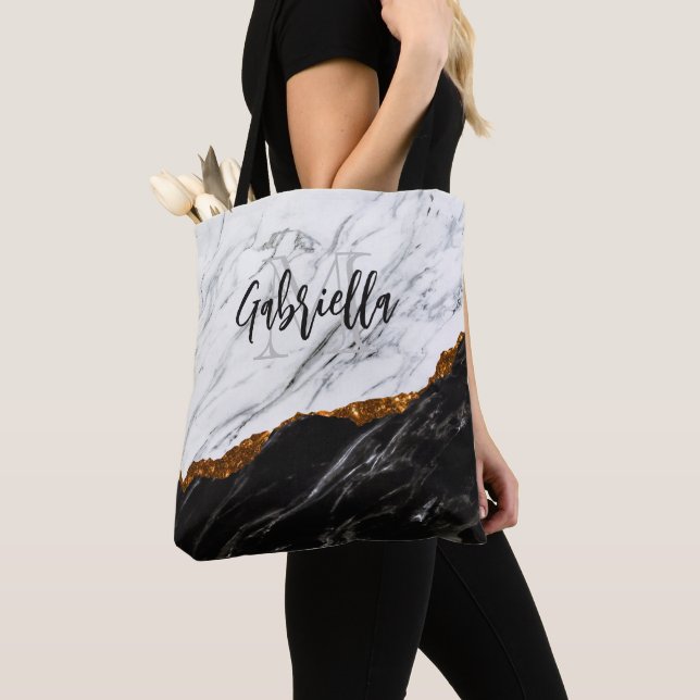 Black and White Marble Tote Bag (Close Up)
