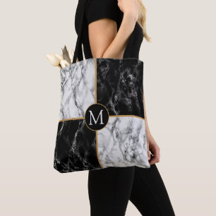 Black and White Marble Tote Bag Custom Letter