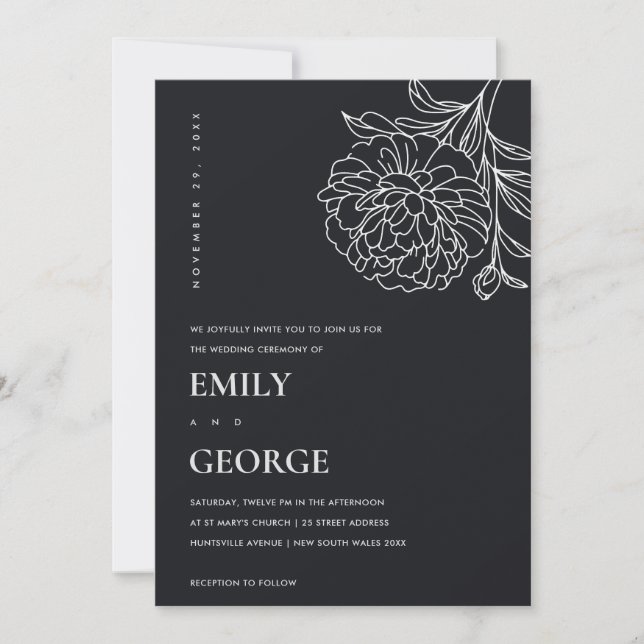 Black And White Marigold Floral Sketch Wedding Invitation (Front)