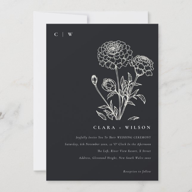 Black And White Marigold Floral Sketch Wedding Invitation (Front)