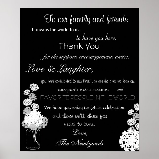 Black and White Mason Jar Wedding Thank You Sign (Front)