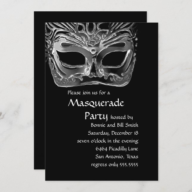 Black and White Masquerade Party Invitation (Front/Back)