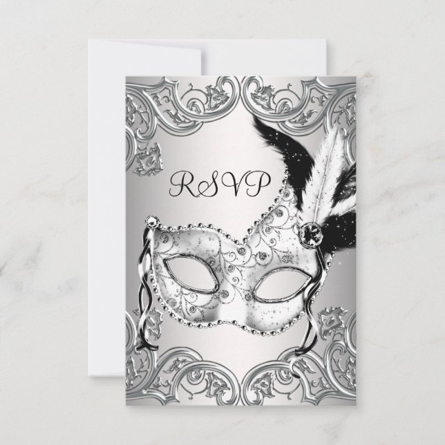 Black and White Masquerade Party RSVP Card (Front)