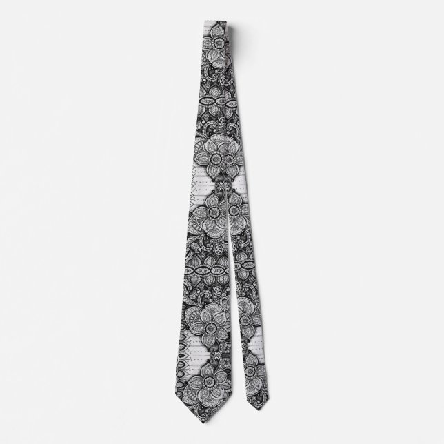 Black and White Maximalist Paisley Floral Garden Tie (Front)