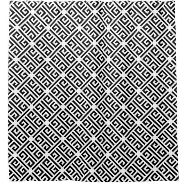 Black and white Meandering Greek Key Pattern Shower Curtain (Front)