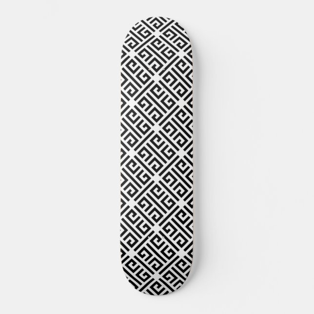 Black and white Meandering Greek Key Pattern Skateboard (Front)