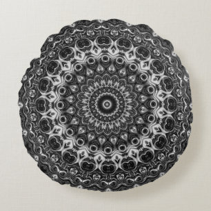 Black and White Medallion Design Round Cushion