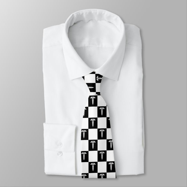 Black and White Medical Symbol Caduceus Tie (Tied)
