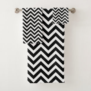 Black and White Medium Horizontal Chevron Stripes Bath Towel Set