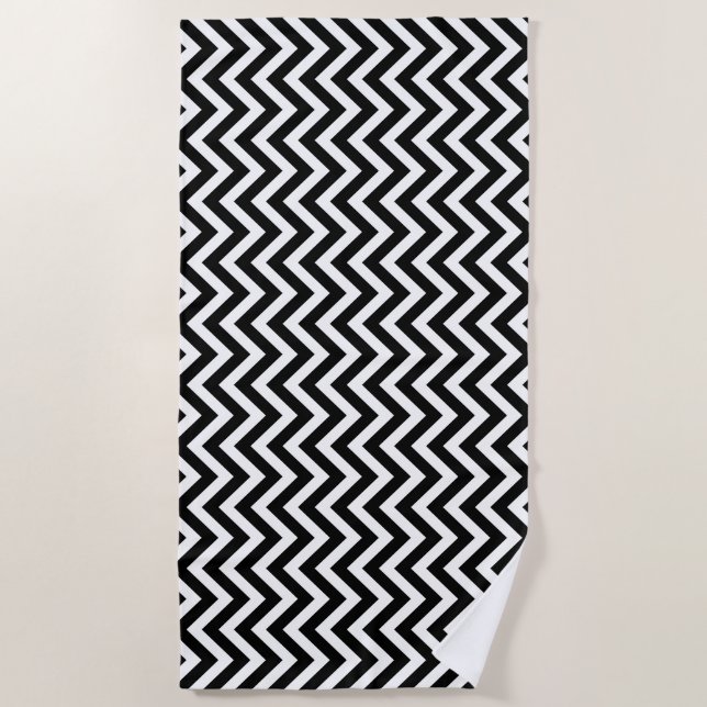 Black and White Medium Vertical Chevron Stripes Beach Towel (Front)