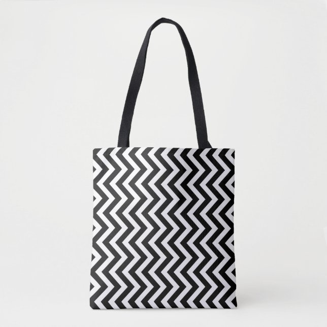 Black and White Medium Vertical Chevron Stripes Tote Bag (Front)