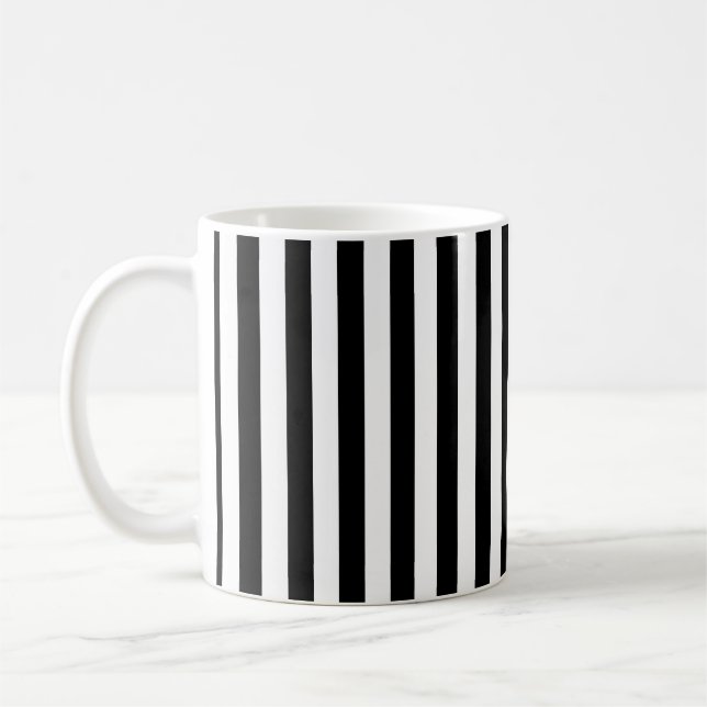 Black and White Medium Vertical Stripes Pattern Coffee Mug (Left)