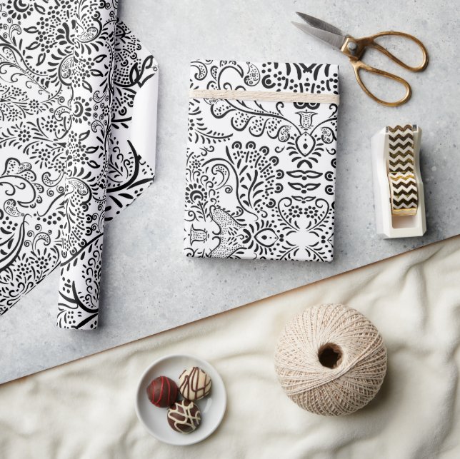 Black and White Mehndi Paisley Indian Pattern Wrapping Paper (Crafts)