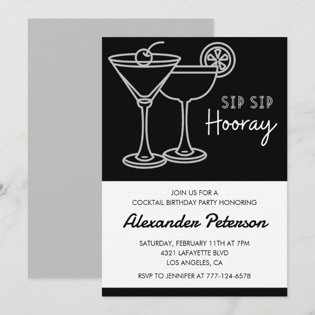 Black and White Men Cocktail 66th birthday Invitation (Front/Back)