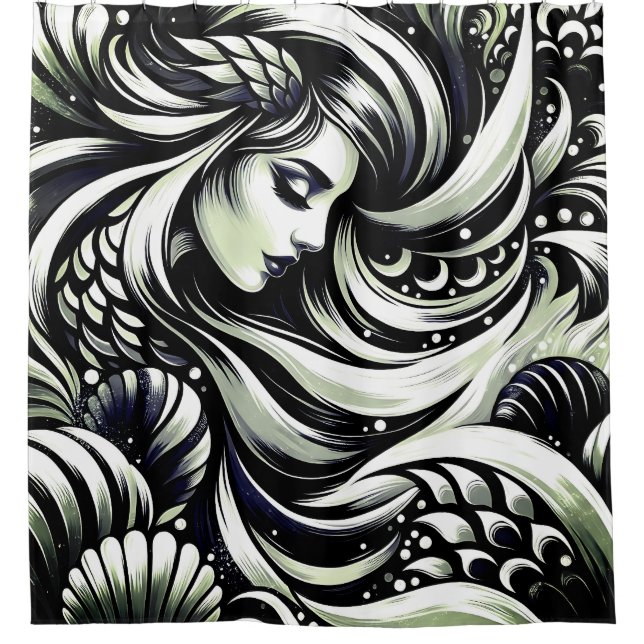 “Black and White Mermaid- Vintage Elegance" Shower Curtain (Front)