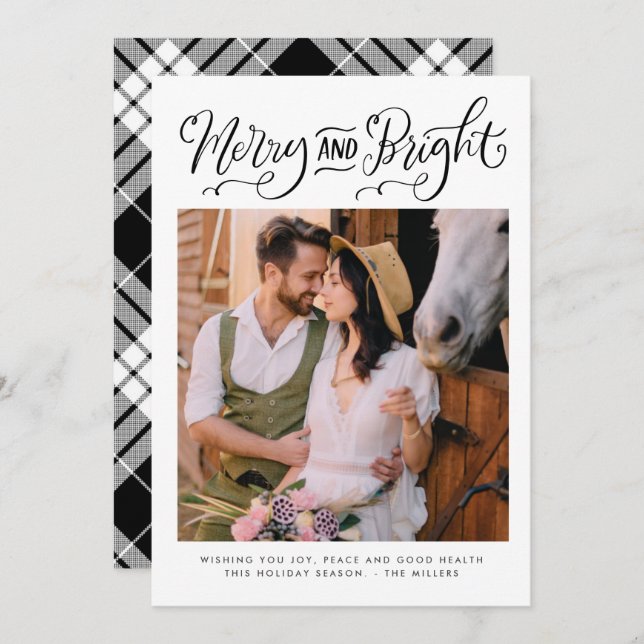 Black and White Merry Bright Photo Christmas Holiday Card (Front/Back)