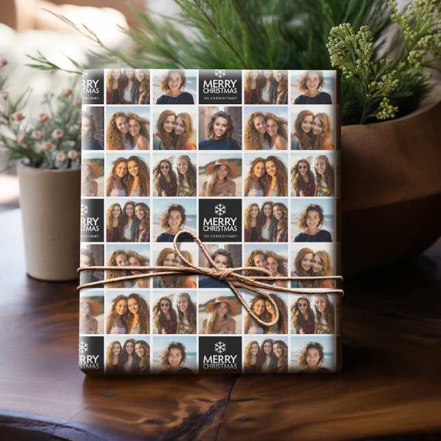 Black and White Merry Christmas 8 Photo Collage Wrapping Paper (Personalized wrapping paper with photo collage)
