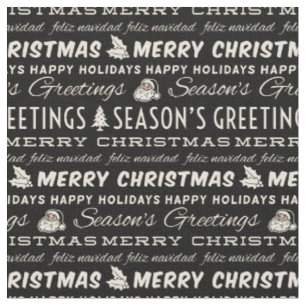 Black and White Merry Christmas Retro Typography Fabric