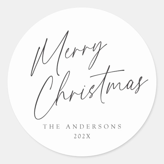 Black and White Merry Christmas Script Photo Classic Round Sticker (Front)