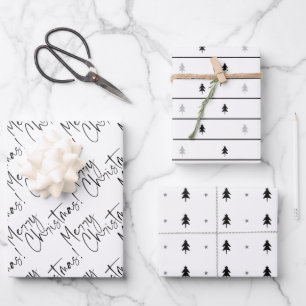 Black and White Merry Christmas Script Tree Wrapping Paper Sheet