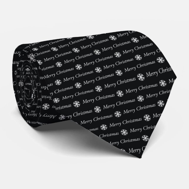 Black and White Merry Christmas Snowflake Men's Tie (Rolled)