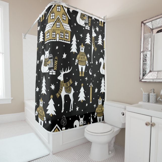 Black and white Merry Christmas Snowflakes set   Shower Curtain (In Situ)