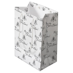 Black and White Merry Christmas Tree Medium Gift Bag