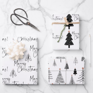 Black and White Merry Christmas Tree Wrapping Pape Paper Sheet