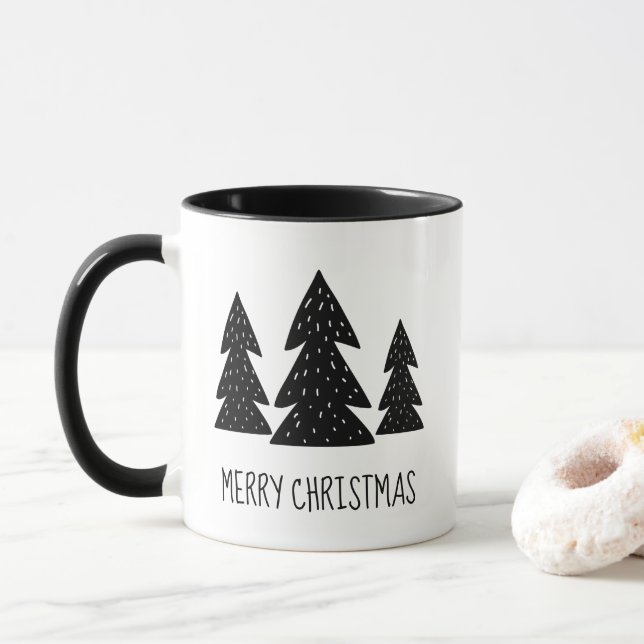 Black and White Merry Christmas Whimsical Woodland Mug (With Donut)