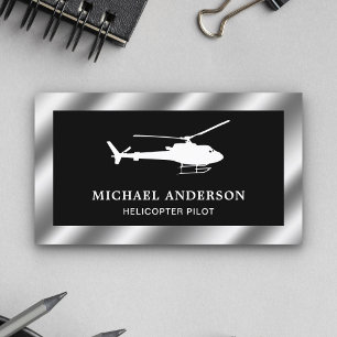 Black and White Metallic Steel Helicopter Pilot Business Card