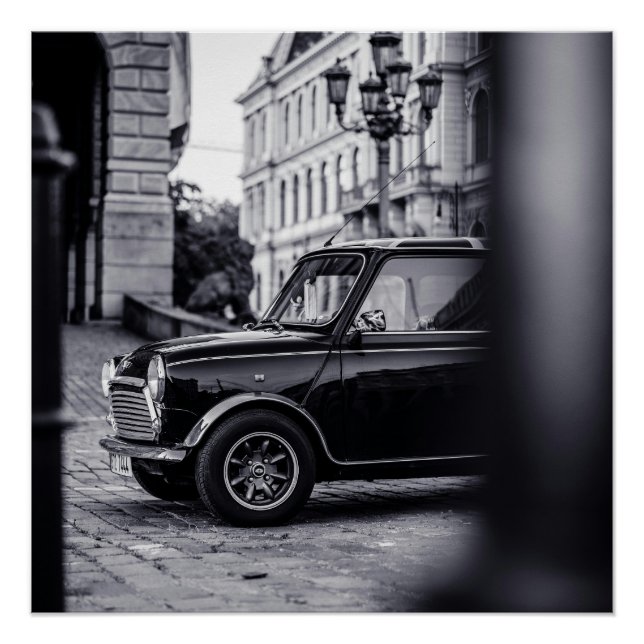 Black and White Mini Cooper Classic car poster (Front)
