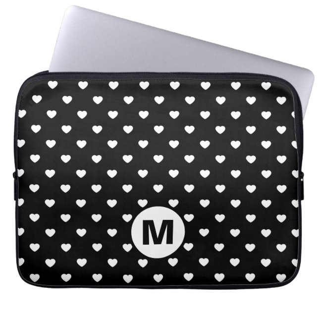 Black and White Mini Hearts Pattern Monogram Laptop Sleeve (Front)