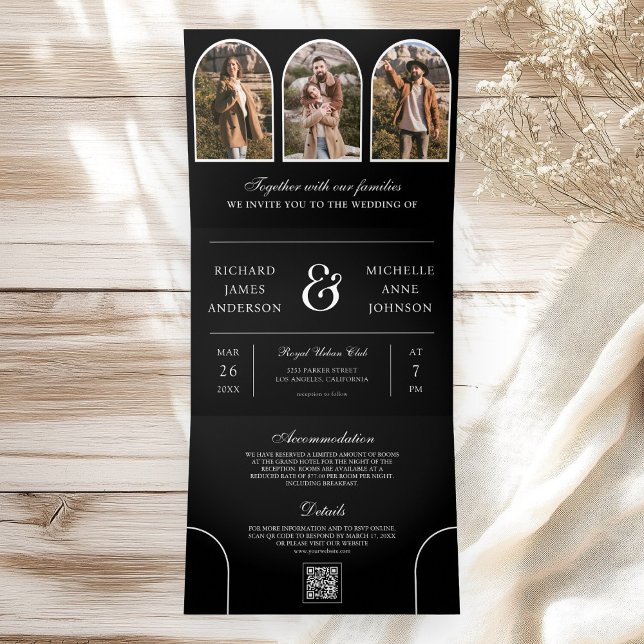 Black and White Minimal Arch Photo QR code Wedding Tri-Fold Invitation (Creator Uploaded)
