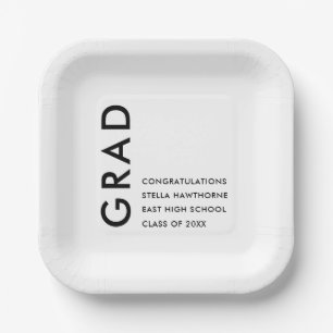 Black and White Minimal Modern Bold Grad Party Paper Plate