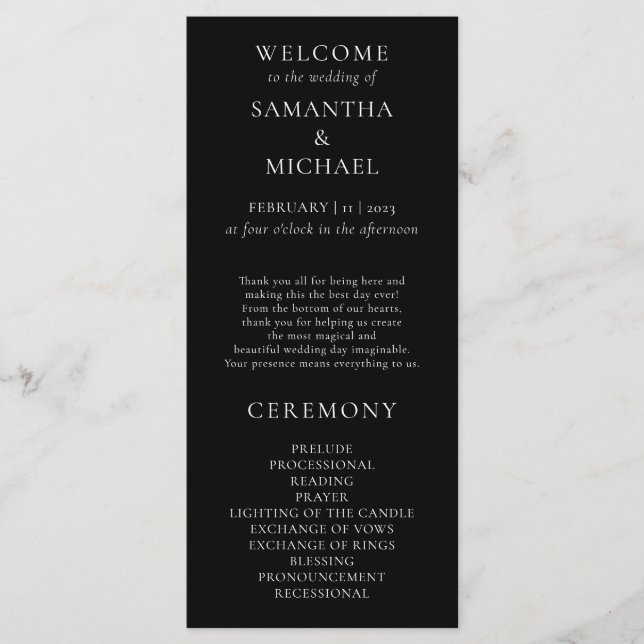 Black and white minimal modern program wedding menu (Front)
