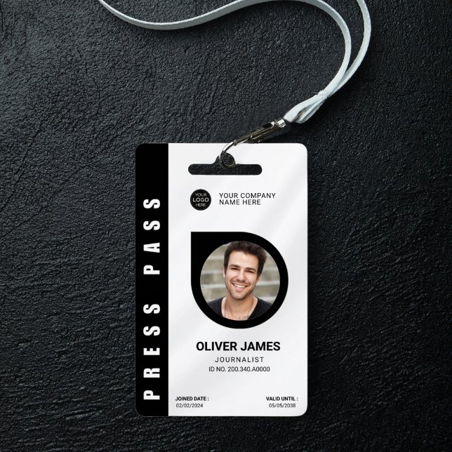 Black and white minimal press pass photo ID ID Badge (Creator Uploaded)