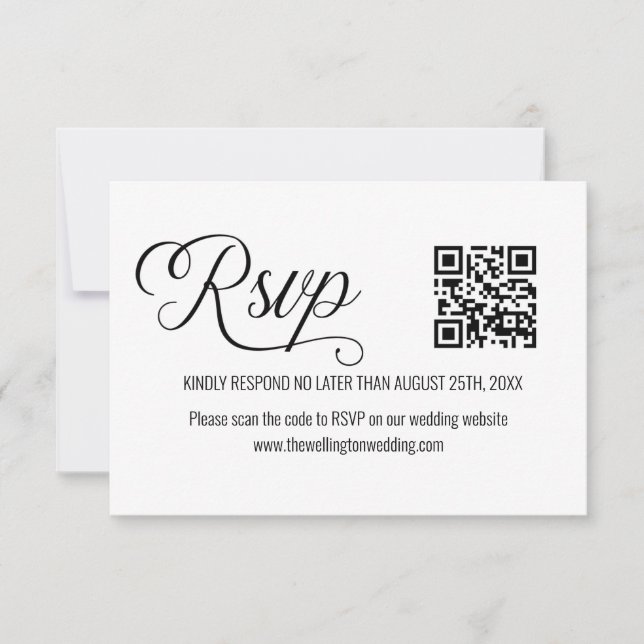 Black and White Minimal Wedding QR Code RSVP Card (Front)
