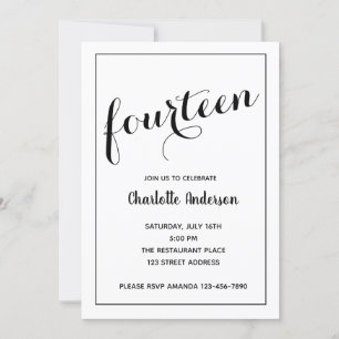 Black and White Minimalist 14th Birthday Invitatio Invitation