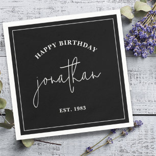 Black and White Minimalist Birthday Custom Name Napkin