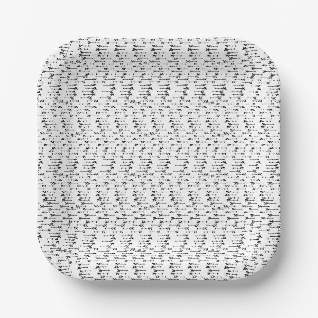 Black and white minimalist boho arrow pattern paper plate (Front)