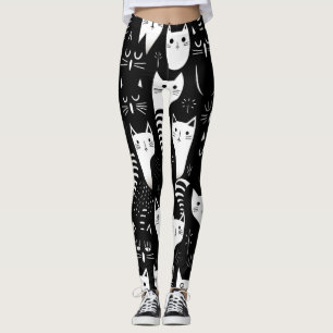 Black and White Minimalist Cat Pattern Leggings