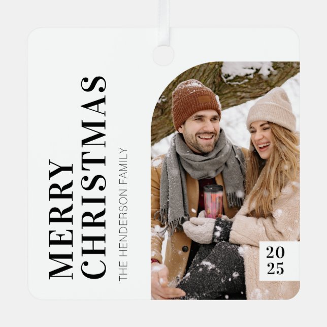 Black and White Minimalist Christmas Photo Metal Tree Decoration (Front)