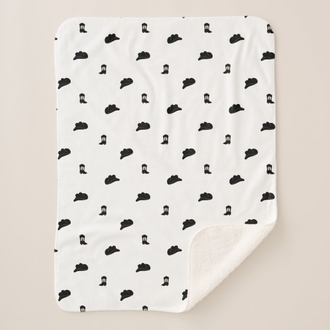 Black and White Minimalist Cowboy Rodeo Pattern Sherpa Blanket (Front)