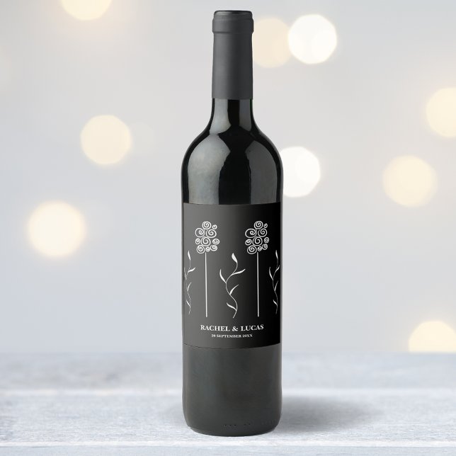 Black and White Minimalist Curly Floral Wine Label (Creator Uploaded)