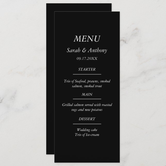 Black and White Minimalist Elegant Wedding Food  Menu (Front/Back)