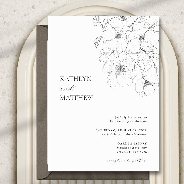 Black and White Minimalist Floral Modern Wedding Invitation (Creator Uploaded)
