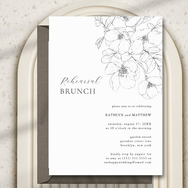 Black and White Minimalist Floral Rehearsal Brunch Invitation (Creator Uploaded)